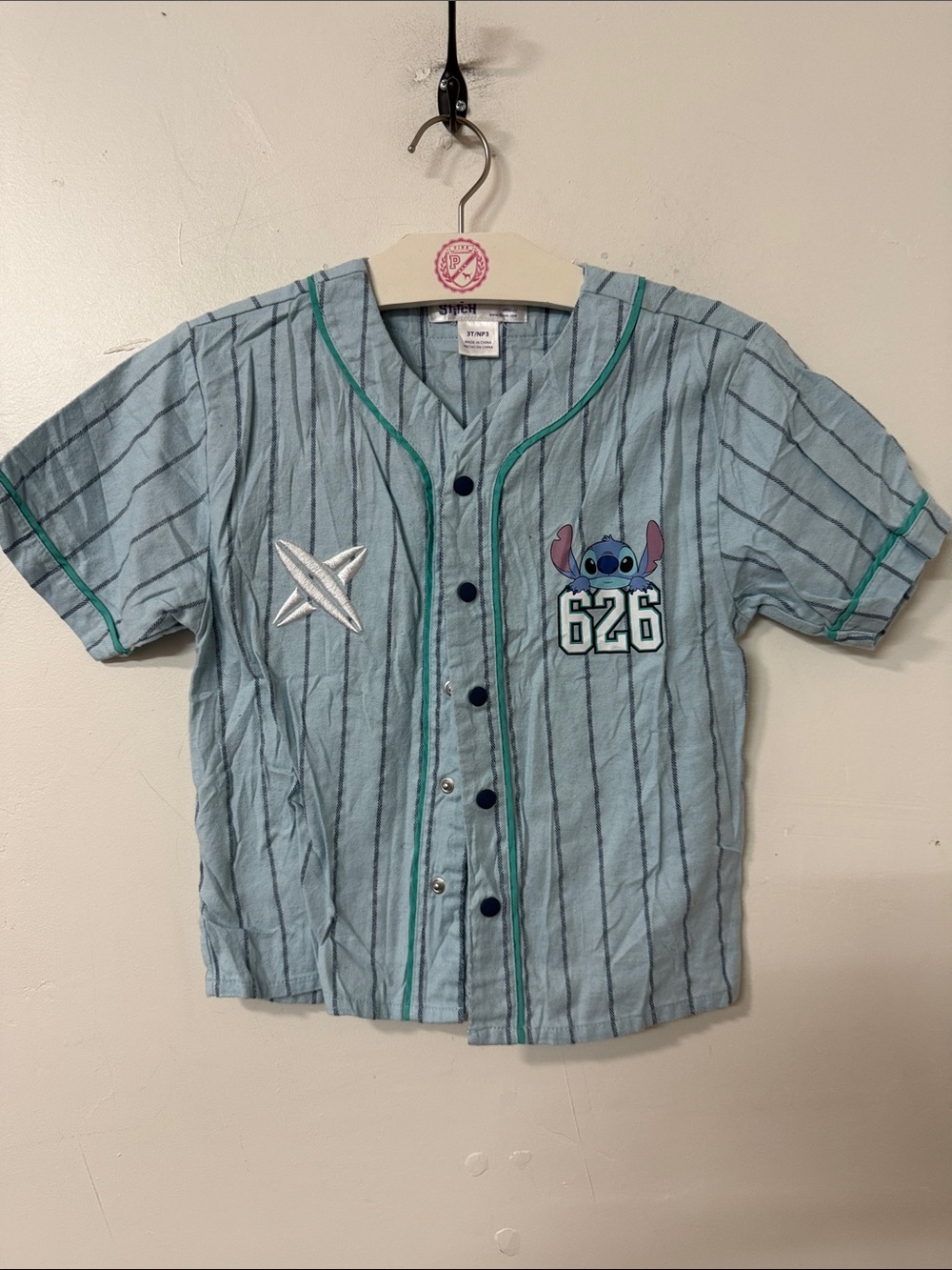 Disney Stitch 626 Light Blue Striped Baseball Style Kids Shirt